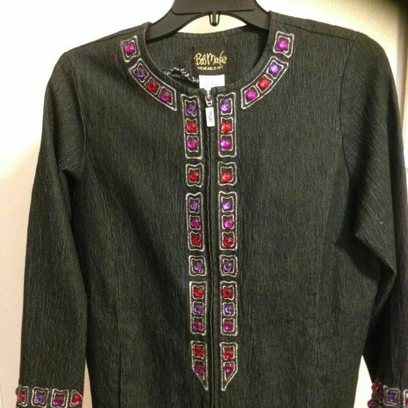 Bob Mackie Wearable Art ~Black Denim Jacket Embroidered Jeweled ~Zip Front ~Sz.S - Picture 1 of 10